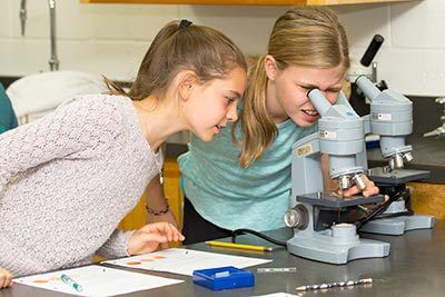 middle school students using microscope in lab